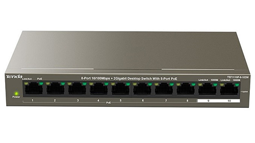  Switch 10-Cổng 10/100Mbps 8 cổng PoE 2 cổng Giga Tenda TEF1110PSwitch 10-Cổng 10/100Mbps